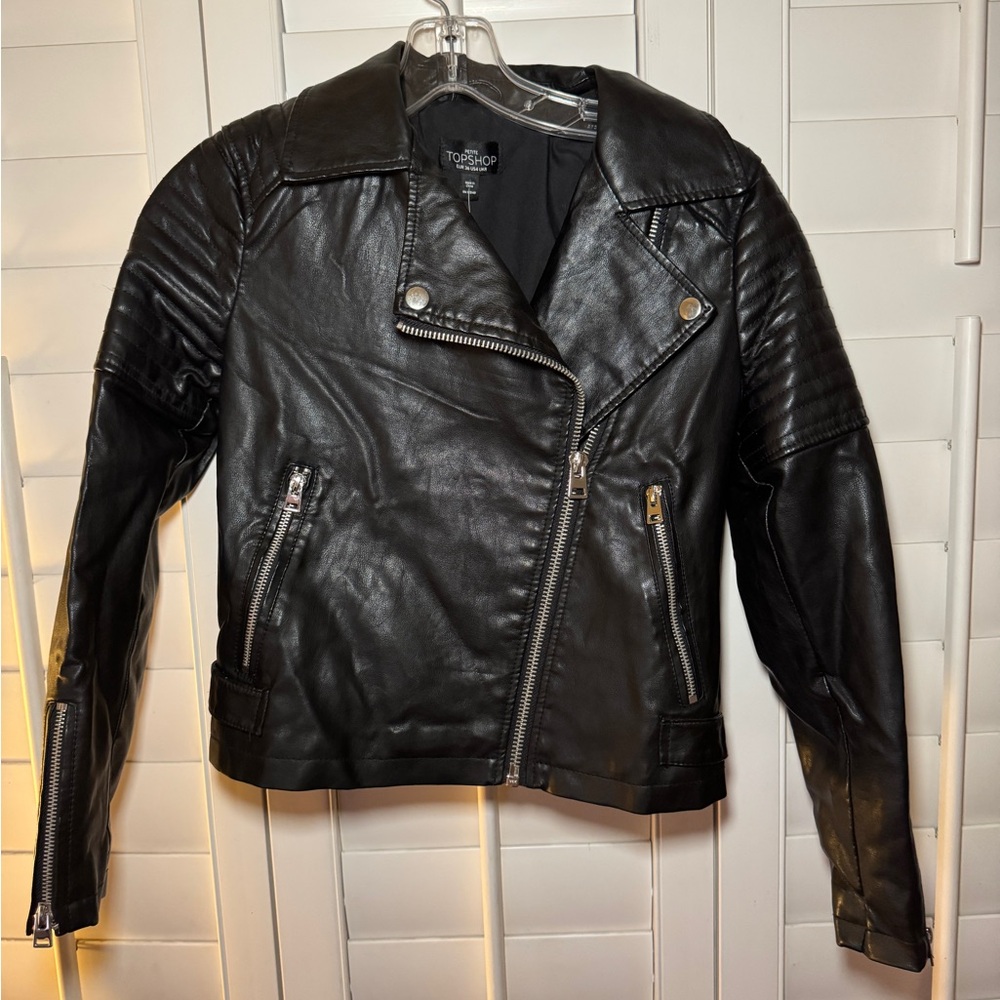 Topshop Classic Black Leather Jacket, Womens Size Petite Small